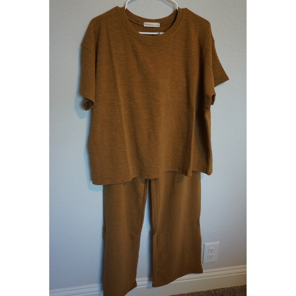 Zenana Women Caramel Brown Textured Knit Lounge Set Top & Wide Leg Pants - Picture 11 of 12